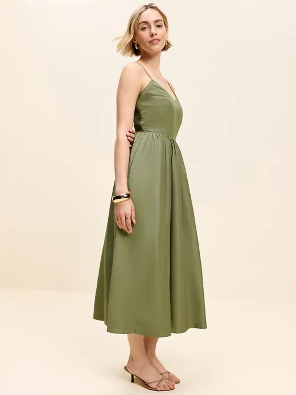 Old Navy Olive Green V-Neck Spaghetti Strap Midi Dress